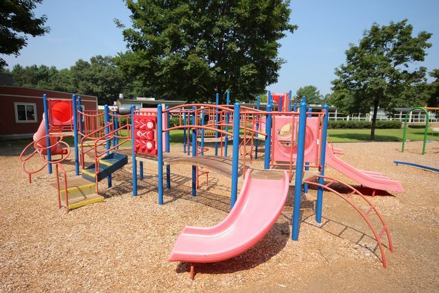 Red and blue jungle gym with slides