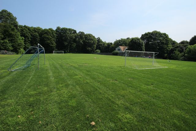 Side view of soccer field and soccer goal