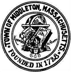 Round, black and white image of the town seal